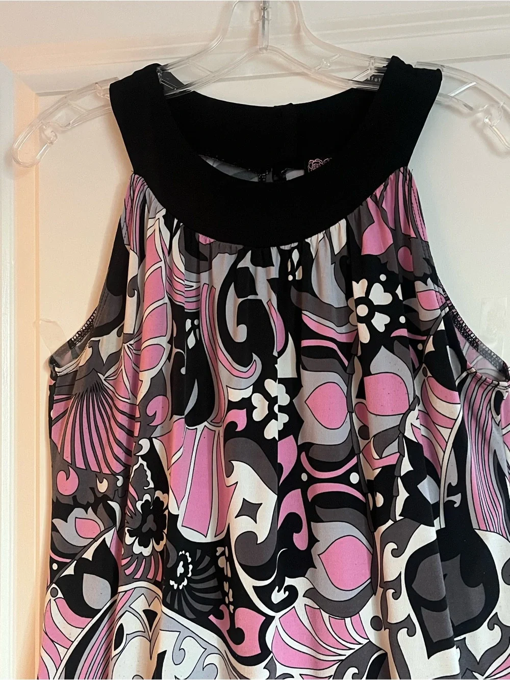 Sleeveless Pink & Black Midi Dress with Abstract Floral Print